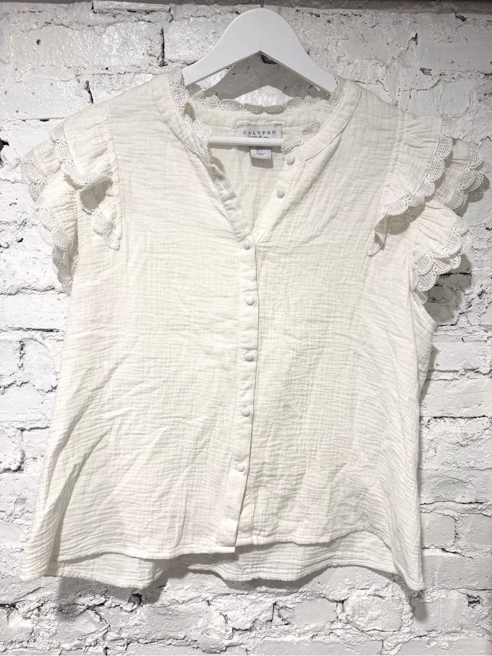 100% Cotton Calypso St. Barth Cream Button-Front Ruffle Sleeve Blouse